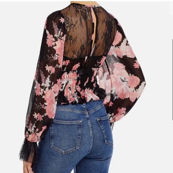 Free people whimsigoth black floral lace keyhole sheer top nwt large witchy - Picture 4 of 11